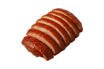 Sliced roasted duck with crispy golden brown skin and juicy tender meat, isolated on white background. Perfect for Asian cuisine, gourmet meals, and food advertising