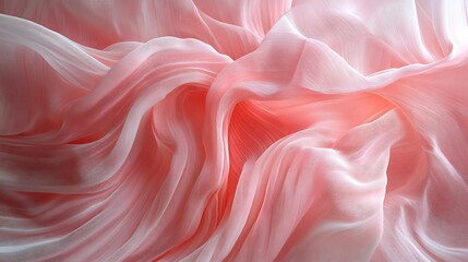 Gentle folds of peach and white organza fabric create a dreamy abstract