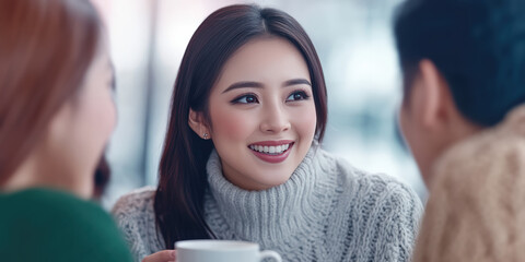 Obraz premium Young woman in a cozy sweater is smiling while holding a mug, engaging in conversation with others. Social interaction, warmth, friendliness, pleasant moment