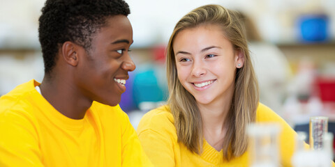 Obraz premium Two people wearing yellow shirts are smiling at each other indoors. Friendship, positive interaction, happiness