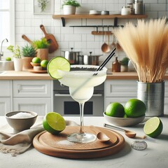 margarita cocktail on the table in the white kitchen with lime. Alcoholic drink.