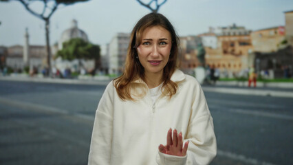 Young woman in white sweater with uncertain expression stands outdoors on a city street, surrounded by classic architecture and soft lighting, while holding up her hand in a stop gesture.