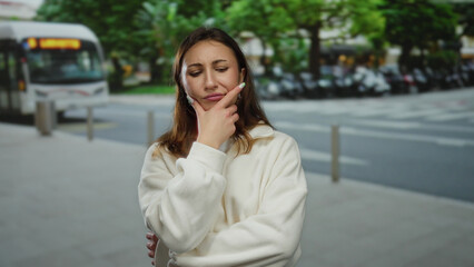 Woman pondering outside in an urban city street with a bus in the background under green trees showcasing a thoughtful expression on a sunny day