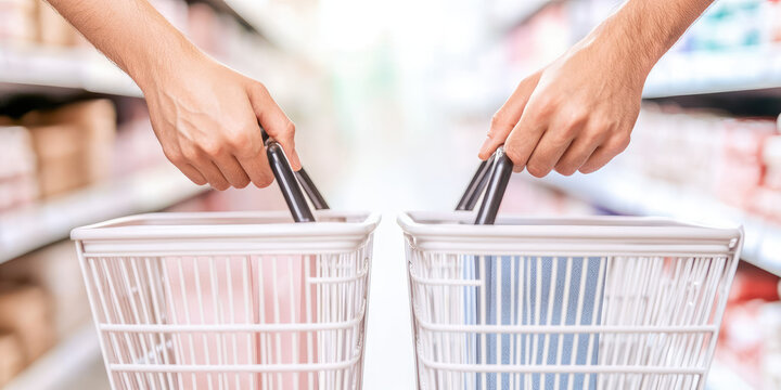 Two hands holding shopping baskets in a store aisle, facing each other. Concept: shopping, comparison, decision-making