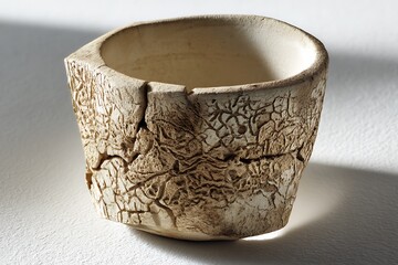 a shattered ancient clay pot fragment, intricate carvings eroded by time, suspended in pure