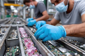 Two workers meticulously disassembling electronic components in a clean, modern recycling facility, highlighting the importance of sustainability and responsible e-waste management for the environmen