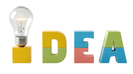 Lit light bulb standing on yellow building block next to colorful toy blocks spelling idea on a transparent background, representing creativity, innovation, and problem solving