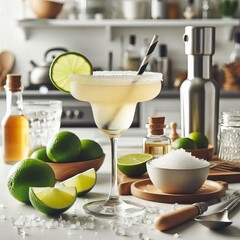 margarita cocktail on the table in the white kitchen with lime. Alcoholic drink.
