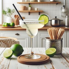 margarita cocktail on the table in the white kitchen with lime. Alcoholic drink.