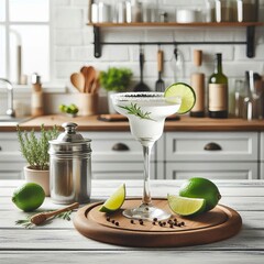 margarita cocktail on the table in the white kitchen with lime. Alcoholic drink.