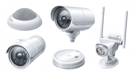 Modern security technology featuring comprehensive surveillance through cameras, sensors, and alarms on a transparent background, enhancing safety in various environments