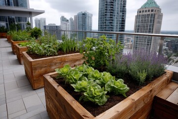 A beautiful rooftop garden showcases a variety of fresh herbs and vegetables in wooden planters, illustrating urban gardening's charm and sustainability in modern city life.