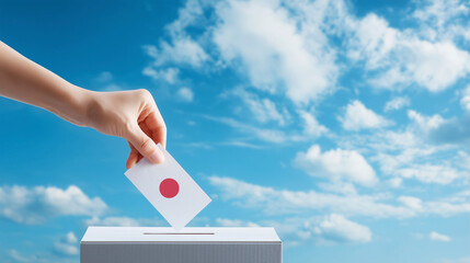 日本国旗の印がある投票用紙を投票箱に入れるシーン：日本の未来を選択するイメージ（選挙・政治・国民の権利）