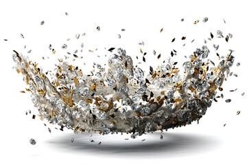 a shattered crown made of diamonds and gold mid-explosion, tiny glittering fragments suspended in weightless space, captured in an overhead cinematic frame on a pure