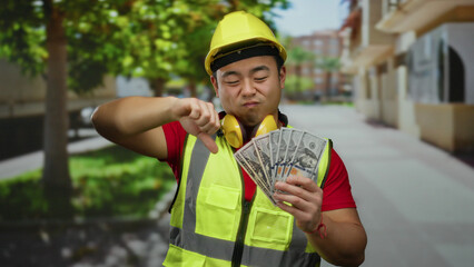 Man outdoors on urban street wears construction gear, holding dollars, with yellow hardhat,...
