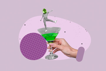 Collage of dancing people in animal masks and alcohol drinks with disco ball spotlights for party celebration concept