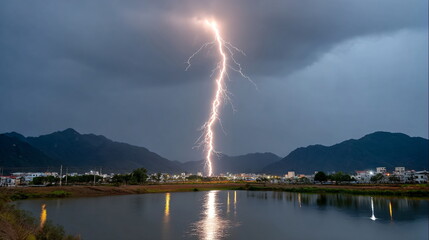 Bright lightning strike over a dark body of water with distant city and mountains. Danger of natural phenomena.
