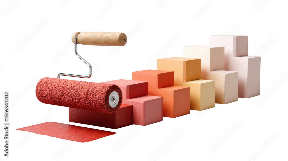 Poster paint roller applying a vibrant gradient color swatch across 3d cubes, set against a transparent bac