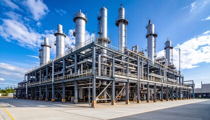 Obraz premium Industrial facility under bright blue sky.
