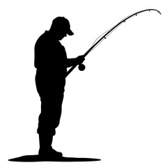 Silhouette of Fisher with Fishing Rod on White Background, Outdoor Recreation