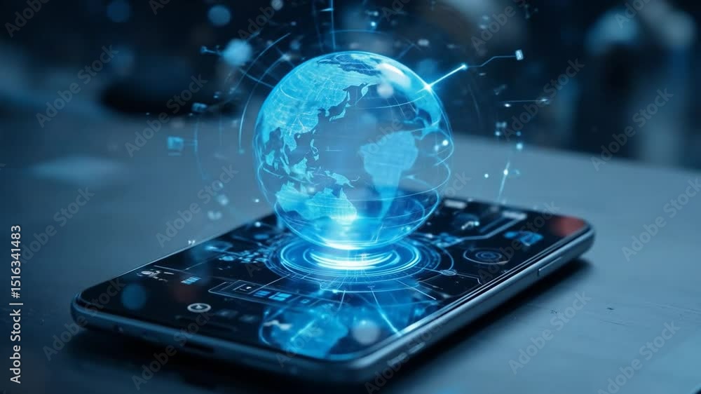 Poster futuristic smartphone features digital holographic globe with advanced interface elements on slim sc