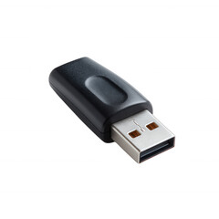 Black USB flash drive with a sleek design, isolated on a white background. Perfect for showcasing portable data storage solutions in modern technology.