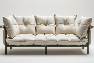 Fototapeta premium Modern white metal-framed sofa with beige cushions, wooden legs and armrests for living room or outdoor garden setting