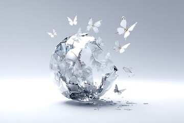 a shattered crystal sphere mid-air, delicate shards morphing into glowing butterflies taking flight, captured in a pristine