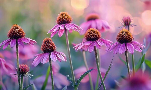 Purple Coneflowers with Soft Focus in Gentle Light Detailed Floral Close-Up