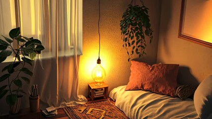 Cozy corner bedroom with warm lighting - Powered by Adobe