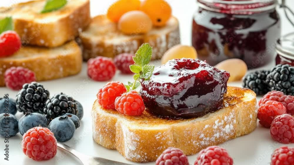 Poster a simple breakfast scene with a white plate featuring toast and fresh berries
