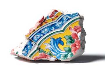 a shattered mosaic tile fragment, colorful ancient patterns crumbling apart, suspended crisply against pure