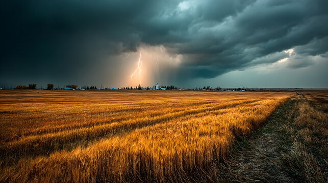 Golden wheat field at sunset under dramatic stormy sky with vibrant lightning striking a rural farmhouse. Rural storm impact. - Powered by Adobe