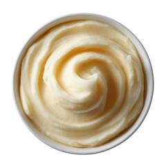 Creamy and smooth butter spread, arranged in a decorative swirl within a white bowl, isolated on a clean backdrop for culinary and promotional uses.