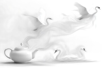 a shattered tea kettle breaking apart into swirling steam clouds that morph into soft