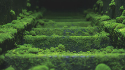 Lush green moss covers edges of stone steps serene, abandoned garden, creating vibrant, natural pathway with peaceful