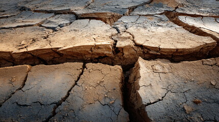 Dry, cracked earth is a symbol of drought and the impact of climate change on nature. Close-up of cracked soil in Africa or the Sahara without water. Global warming