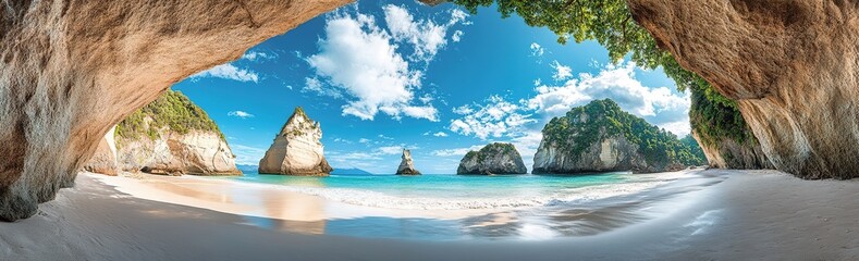 Summer Panoramic Picture of Cathedral Cove Beach Without Visitors in Daylight
