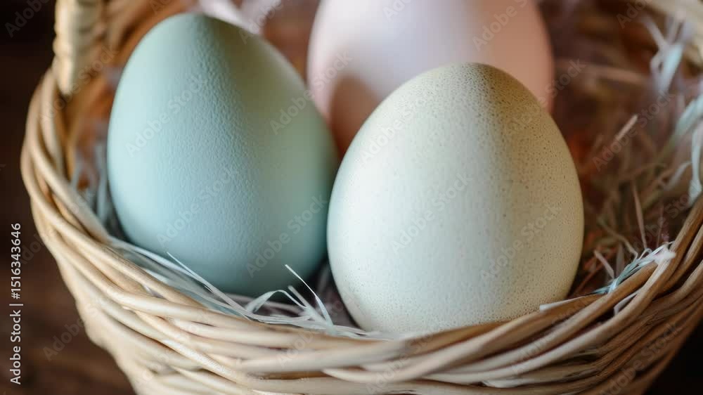 Poster a simple still life composition of three eggs placed in a wicker basket on a wooden table