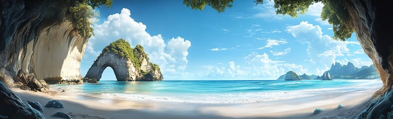 Summer Panoramic Picture of Cathedral Cove Beach Without Visitors in Daylight
