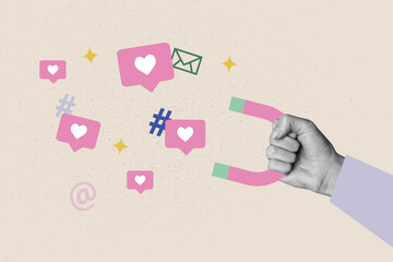 Trend artwork banner sketch 3D photo collage of social notification repost share blogging hand hold...