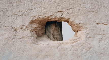 Fototapeta premium Close up view of tree trunk seen through hole weathered, cracked wall, highlighting contrast between natural and man made