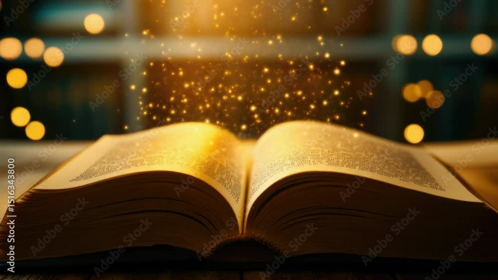 Poster A person holds an open book on a table with soft lights in the background