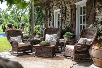 Obraz premium 3-piece patio rocking chair set with table placed near swimming pool in front of house with stone wall background