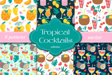 Cute tropical set with fruity cocktails, hearts and summer vibes seamless vector pattern and poster perfect for packaging, decor and printable party designs.