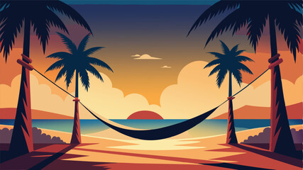 Beach sunset with hammock between palm trees vector graphic