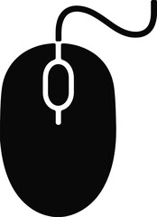 Black wired computer mouse icon, simple design, technology device, digital accessory, PC peripheral, office equipment, cursor control, ergonomic gadget, desktop hardware, wired mouse silhouette.