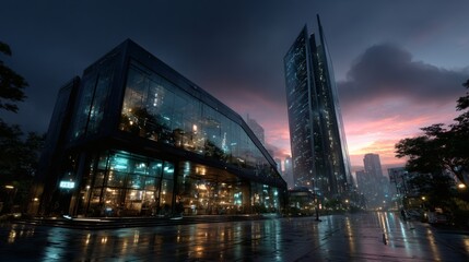 Fototapeta premium A futuristic metropolis at twilight, featuring colossal glass skyscrapers with sleek, angular designs, their mirrored surfaces reflecting cascading streams of neon magenta, cyan, and electric 