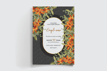 WEDDING INVITATION FRAME WITH FLOWER DECORATIONS AND FRESH LEAVES