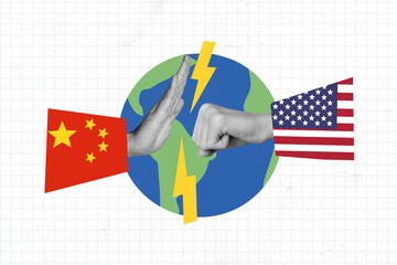 Trend artwork poster sketch image collage of hand fist fight flag china america geo politics...